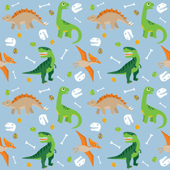 Various Dinosaurs on Blue Background Seamless Pattern Flat Vector Illustration