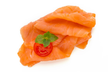 Fresh salmon slice and spice on the white background.