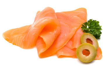 Fresh salmon slice and spice on the white background.