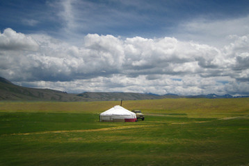 Mongolian yurt, called ger, in a landscape of north-west Mongolia