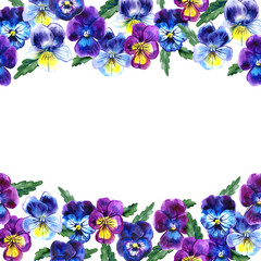 Boarder with hand drawn pansy flowers. Purple, violet, yellow with green leaves. Retro background with romantic flowers. Perfect frame for wedding and birthday cards, invitations