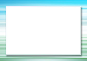 Horizontal mock up template with large white text box. Multicolored striped border, abstract blurred blue, green background. Frame for scrapbook, greeting cards, web, presentation, invitation, poster