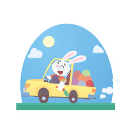 funny rabbit is carrying Easter eggs