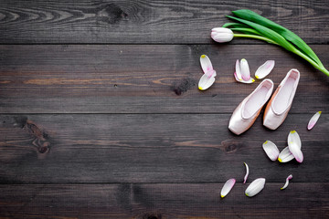 Professional dance shoes. Ballet concept. Pointes on dark wooden background top view copy space