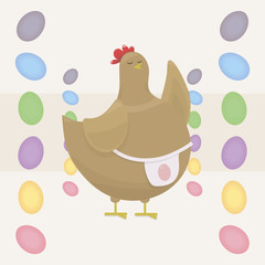a fat, pot-bellied brown chicken, the mother teaches by raising her wing, in a light pink apron with an egg on a light background with colorful Easter eggs