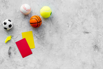 Sport judging concept. Sport game referee. Tactic plan for game, balls, red and yellow cards,...