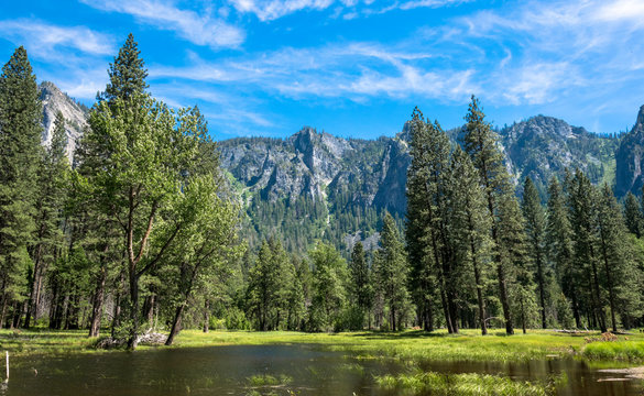 Forest, lakes and rivers of the Yosemite Valley. Yosemite National Park, California, USA