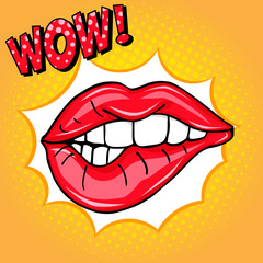 Sweet sexy pop art Pair of Glossy Vector Lips. Open Sexy wet red lips with teeth pop art set orange and yellow backgrounds, vector illustration, pattern, wow lettering