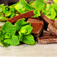 Dark chopped chocolate and leaves of fresh mint