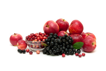 apples, cranberries and chokeberry on a white background