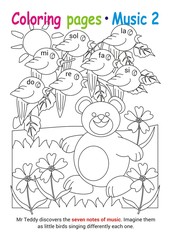 Coloring books page 2 – learn about music with Teddy the bear– educational elementary game