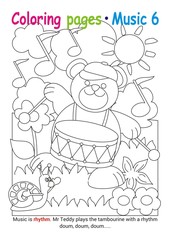 Coloring books page 6 – learn about music with Teddy the bear– educational elementary game