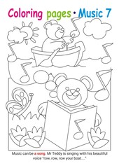 Coloring books page 7 – learn about music with Teddy the bear– educational elementary game