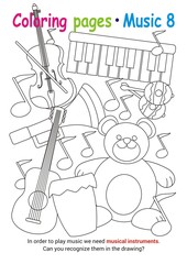 Coloring books page 8 – learn about music with Teddy the bear– educational elementary game