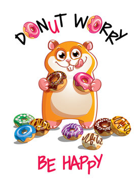 Vector illustration of cartoon hamster with donuts