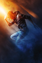 Man break dancing on smoke background