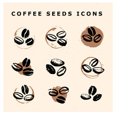 Vector collection of hand drawn coffee beans design elements isolated on textured background. Coffee shop craft emblem, company logo insignia template, banner, print, etc.