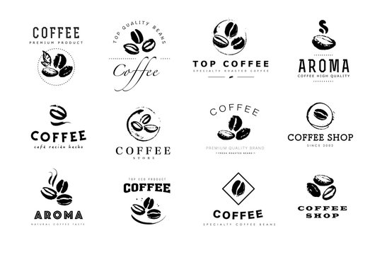 Vector collection of hand drawn coffee logo design elements isolated on textured background. Coffee shop craft emblem, company insignia template, banner, print, etc.