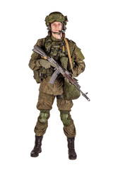 russian special forces soldier with rifle on dark background. army, military and people concept