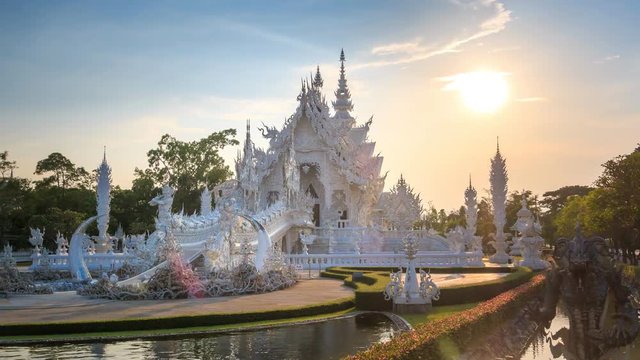 Wat Rong Khun Beautiful White Temple Landmark Travel Place Of Chiang Rai, Thailand 4K Hyper Time Lapse Sunrise