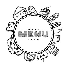 Hand drawn menu for cafe with food. Sketch concept illustration.