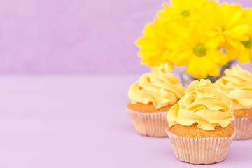 Cupcakes decorated with yellow cream and chrysanthemums on violet pastel background for greeting card with copyscape.