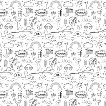 Pattern With Hand Drawn Doodle Summer Background. Doodle Funny. Handmade Vector Illustration.