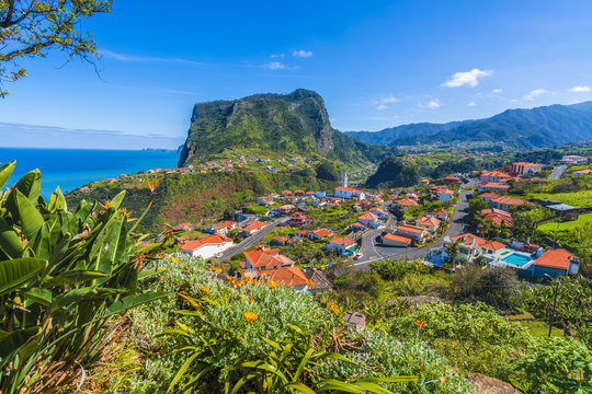 View of  Sao Roque do Faial village and mountain from Faial fortress on Madeira island, Portugal