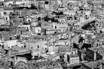 Sassi di Matera, view on italian ancient cave town. UNESCO. Black and white