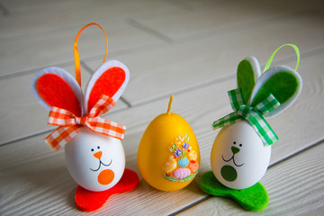Easter eggs on wooden background. Happy Easter. Creative photo with easter eggs