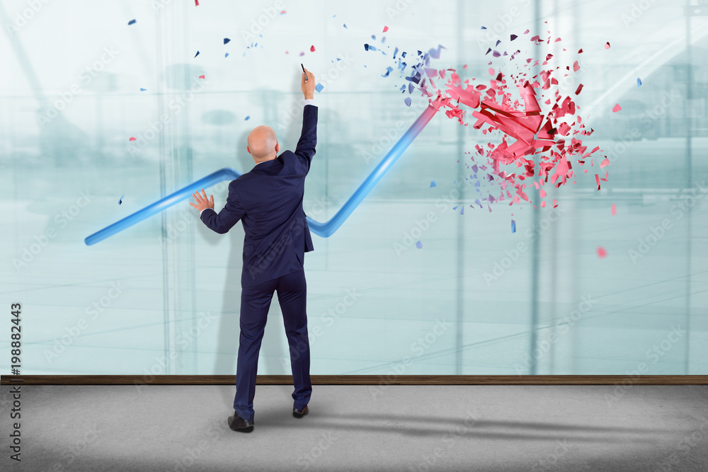 Poster businessman in front of a wall with a financial arrow going up and explosing at the end - 3d renderi