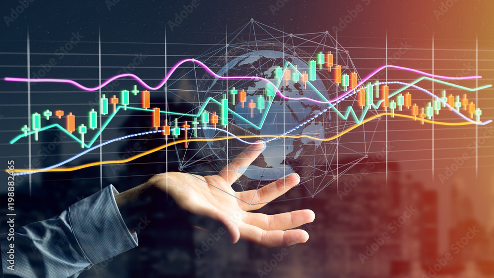 Poster businessman holding a 3d render stock exchange trading data information display on a futuristic inte