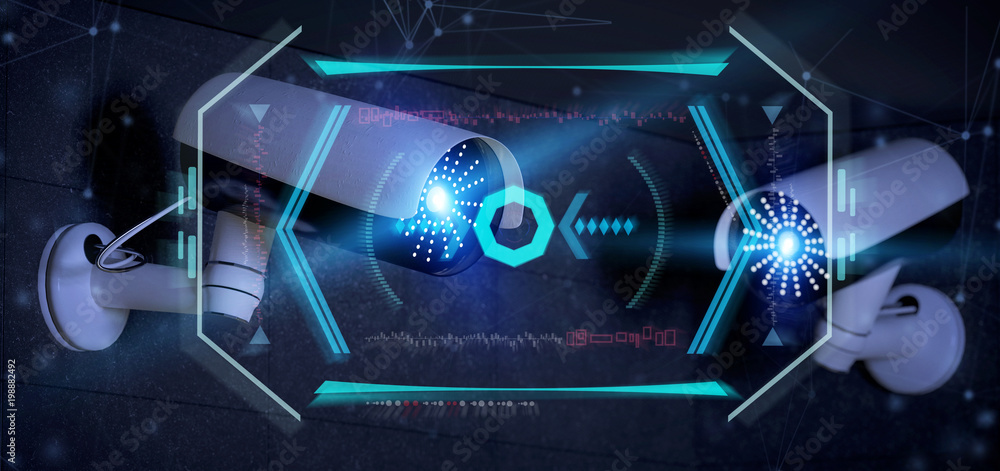 Poster security camera targeting a detected intrusion - 3d renderinga