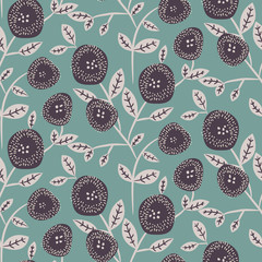 Flower seamless pattern design. Purple on teal color background.