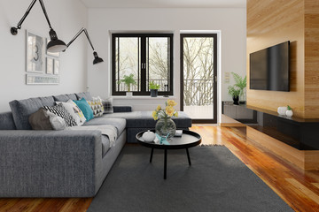 Scandinavian style interior design 3D rendering