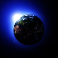 planet earth in space at sunrise,
3D rendering
