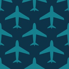 airplane, vector seamless pattern, blue on dark blue . Editable can be used for web page backgrounds, pattern fills. Stock flat vector illustration.