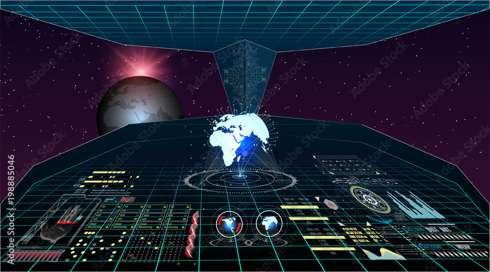Poster view from the cockpit spaceship. head-up display elements for the spaceship interface. template ui f
