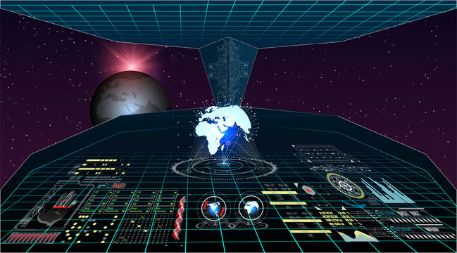 View from the cockpit spaceship. Head-up display elements for the Spaceship interface. Template UI for app and virtual reality.