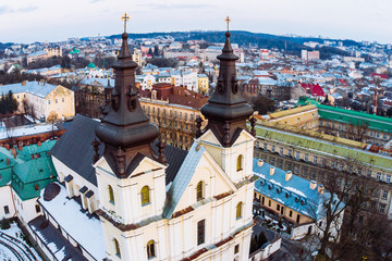 winter view of old church. birds eye view