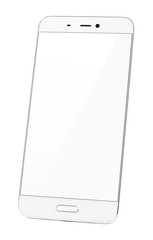 Modern white smartphone with empty white screen isolated on white background. Smart phone with...