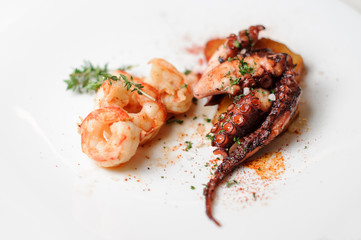 Grilled shrimps and octopus tentacles served on the plate