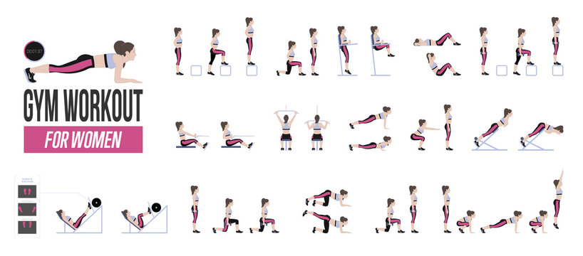 Set of sport exercises. Exercises with free weight. Exercises in a gym. Illustration of an active lifestyle. Vector