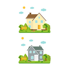 Abstract spring background with cozy home, house, cottage, with trees, flowers, bench