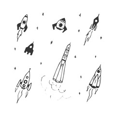 Vector set of hand drawn doodle rocket icon and rocket silhouette. Icon design rocket, spaceships, rocket ship