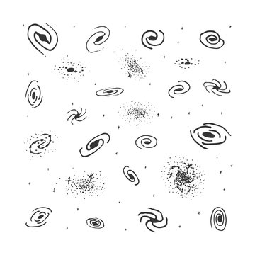 Vector set of hand drawn galaxy. Spiral galaxy, elliptical galaxy, irregular nebula. Space sign