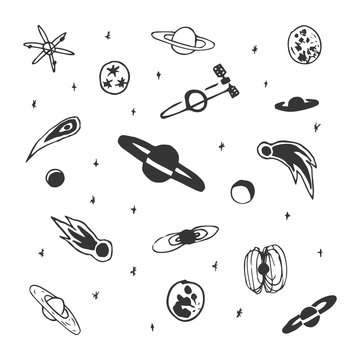 Vector set of hand drawn space object - planet, comet, moon, star. Astronomy doodles