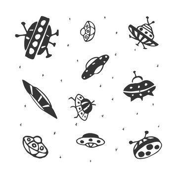 Vector set of hand drawing UFO Flying Saucer