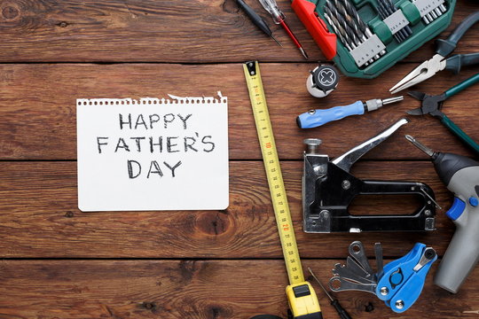 Happy Fathers Day background, card with repair tools