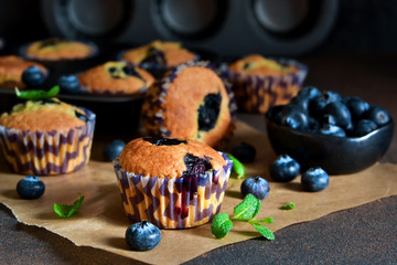 Homemade vanilla muffins with blueberries on a dark concrete background.Rustic!